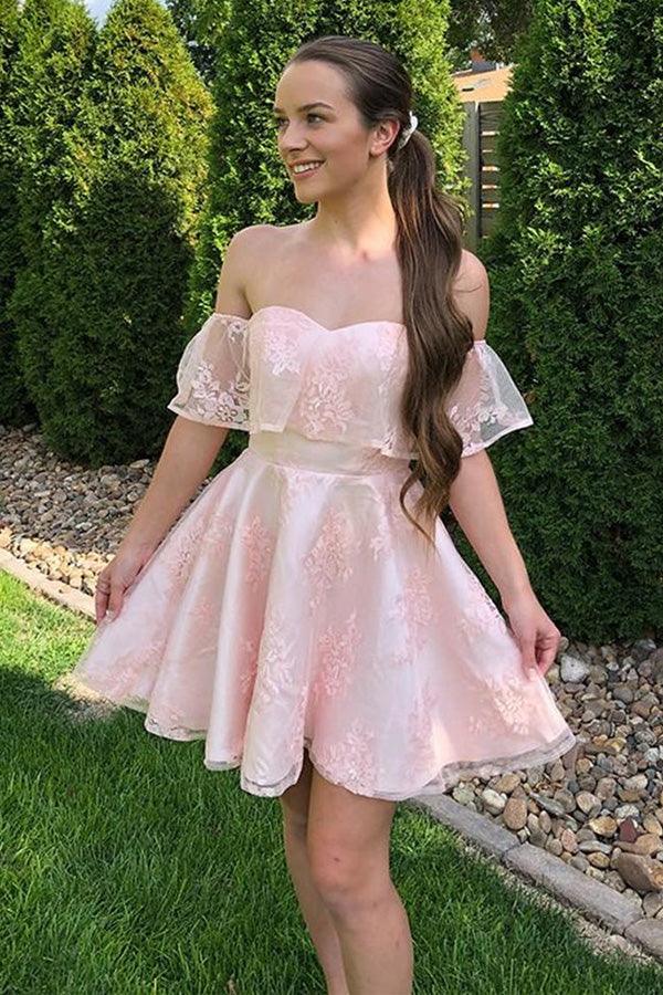 Off-the-Shoulder Pink Lace Short Prom Dress Homecoming Dress