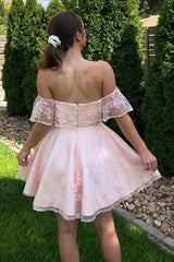 Off-the-Shoulder Pink Lace Short Prom Dress Homecoming Dress