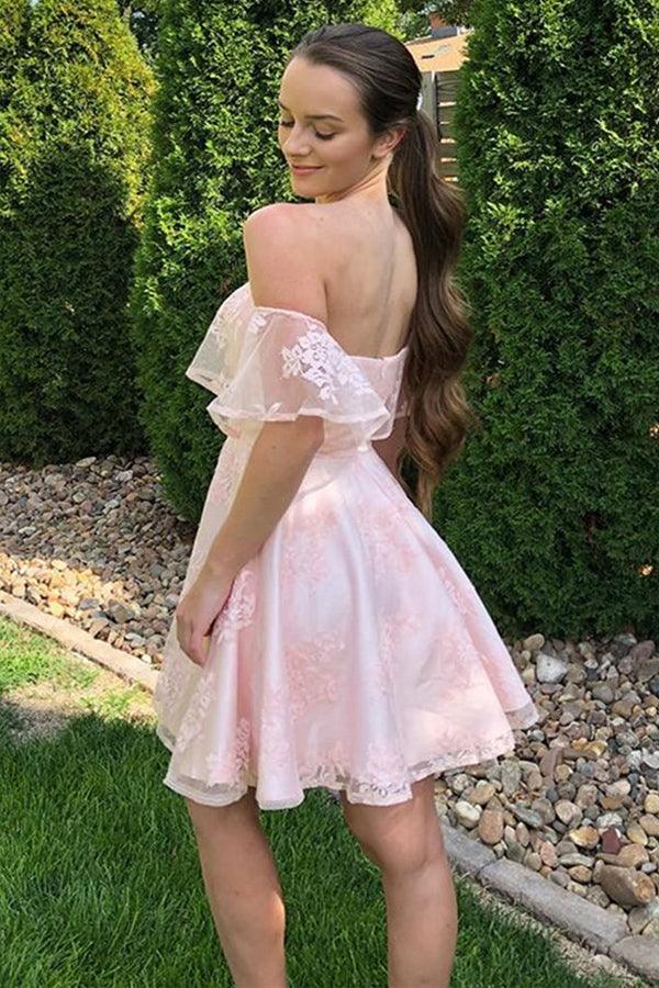 Off-the-Shoulder Pink Lace Short Prom Dress Homecoming Dress