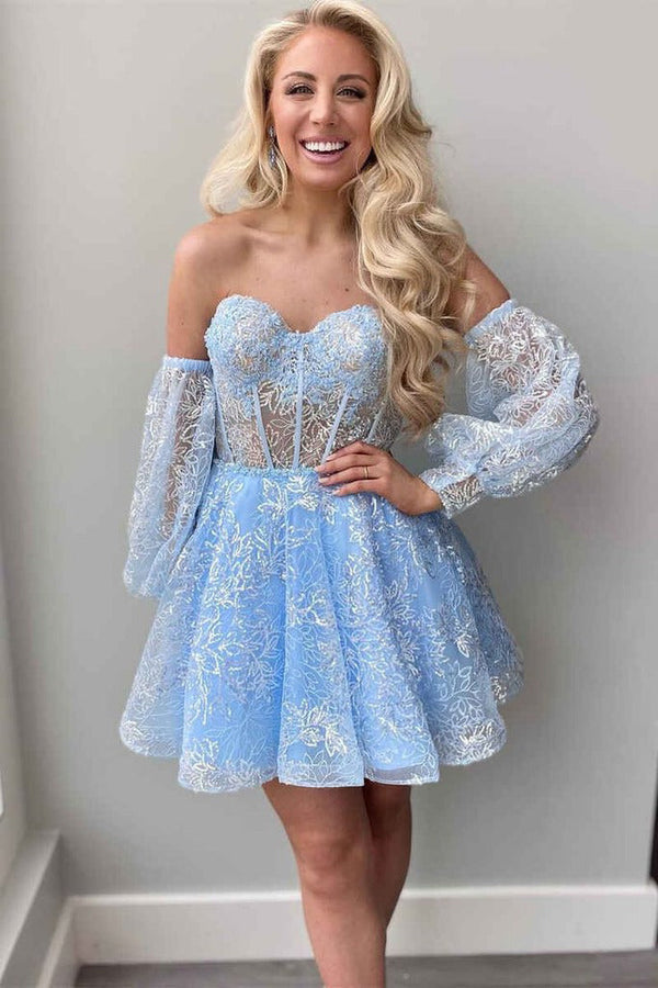 A Line Sweetheart Corset Homecoming Dress with Sleeves