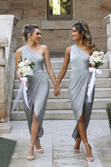 Silver One Shoulder Asymmetrical Bridesmaid Dress