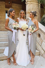 Silver One Shoulder Asymmetrical Bridesmaid Dress