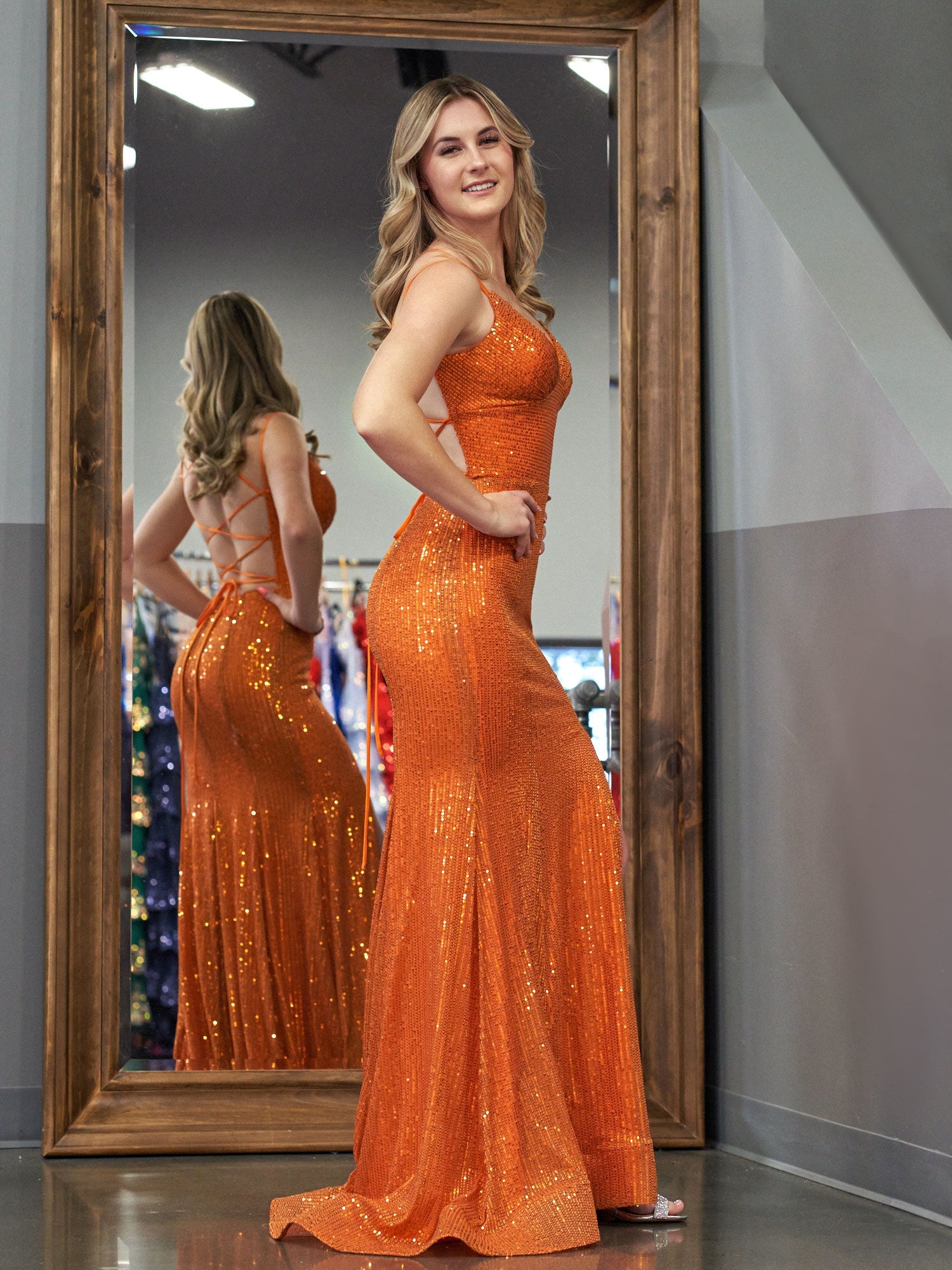 Mermaid Sheath V Neck Sequins Long Prom Dresses with Slit