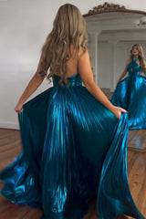 Peacock Blue Halter Neck A-Line Long Prom Dress With Split