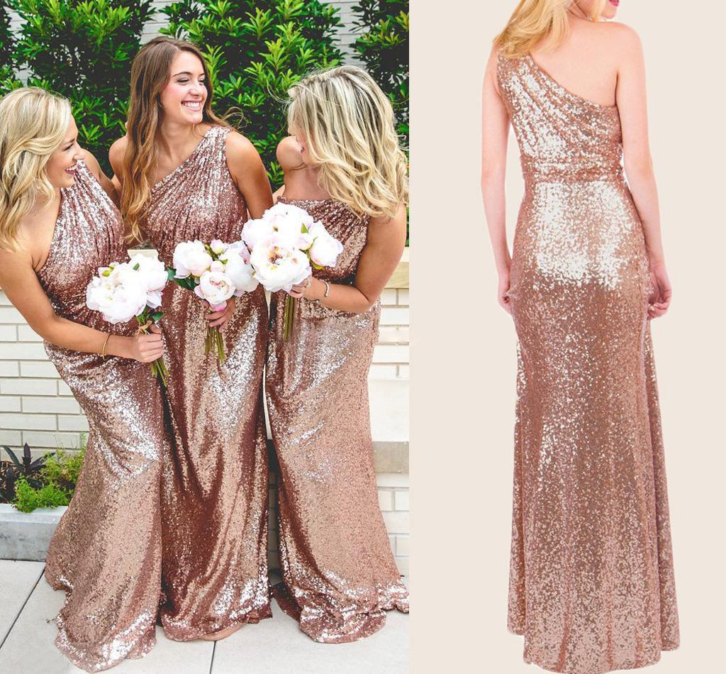 Rose Gold Sparkly Sequins Lace One Shoulder Bridesmaid Dresses