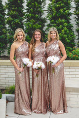 Rose Gold Sparkly Sequins Lace One Shoulder Bridesmaid Dresses