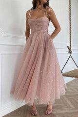 Tea Length Pink Tulle Prom Dresses Homecoming Dresses Straps