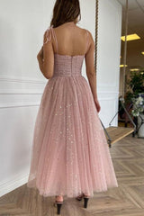 Tea Length Pink Tulle Prom Dresses Homecoming Dresses Straps