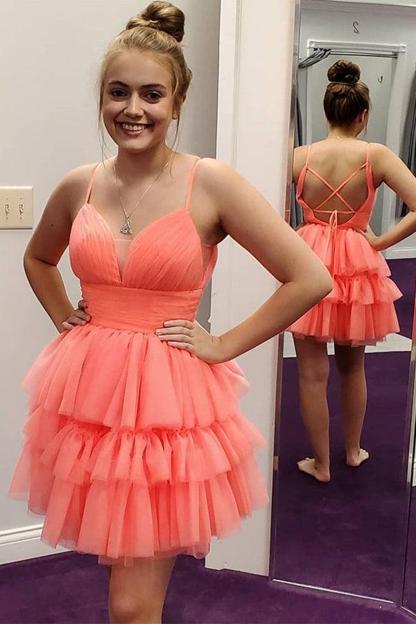 Coral Layered Short Prom Dresses V Neck Homecoming Dresses