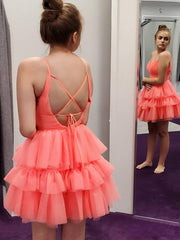 Coral Layered Short Prom Dresses V Neck Homecoming Dresses