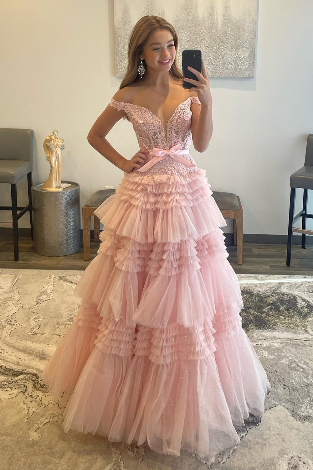 Princess A Line Off the Shoulder Light Cute Pink Long Prom Dress with Ruffles