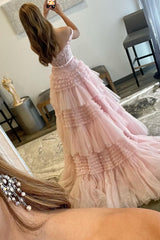 Princess A Line Off the Shoulder Light Cute Pink Long Prom Dress with Ruffles