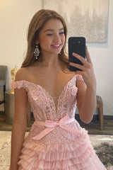 Princess A Line Off the Shoulder Light Cute Pink Long Prom Dress with Ruffles