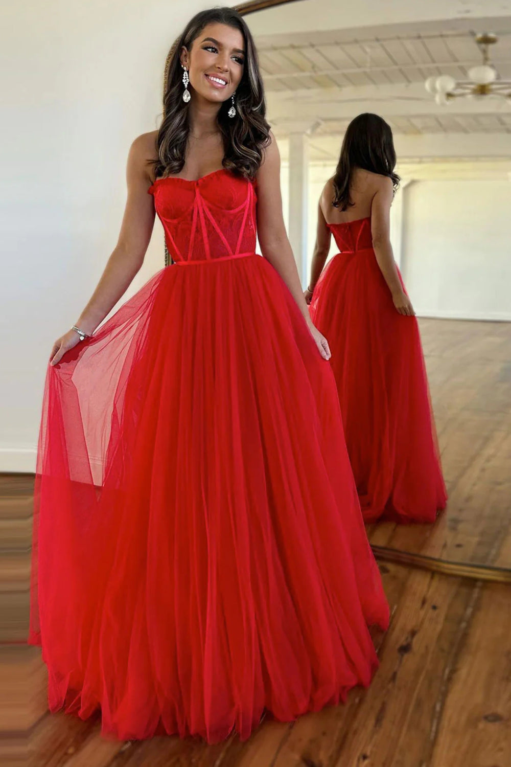 A Line Sweetheart Corset Tulle Prom Dress with Slit