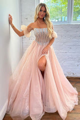 A Line Strapless Blush Corset Organza Prom Dress