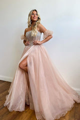 A Line Strapless Blush Corset Organza Prom Dress