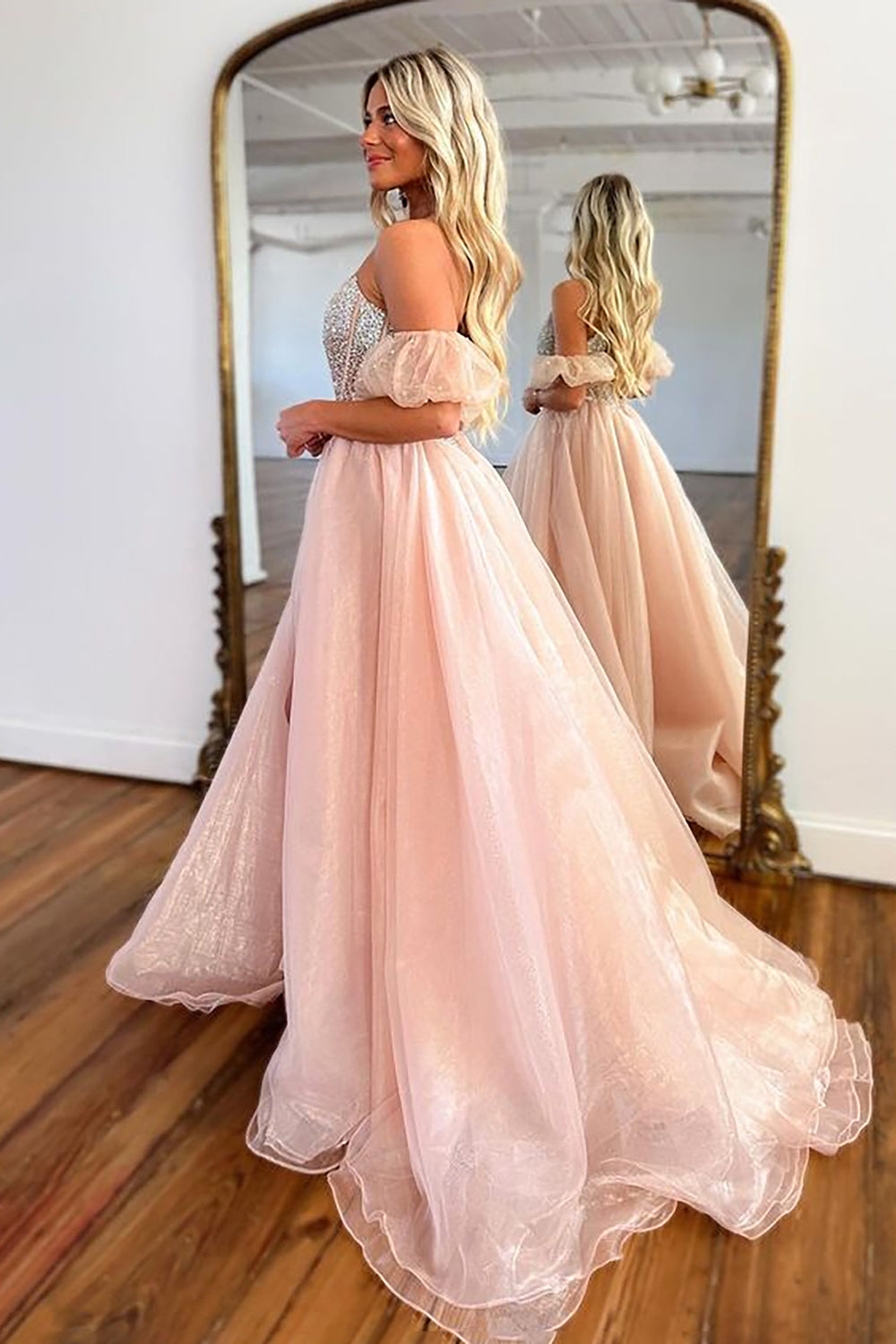 A Line Strapless Blush Corset Organza Prom Dress