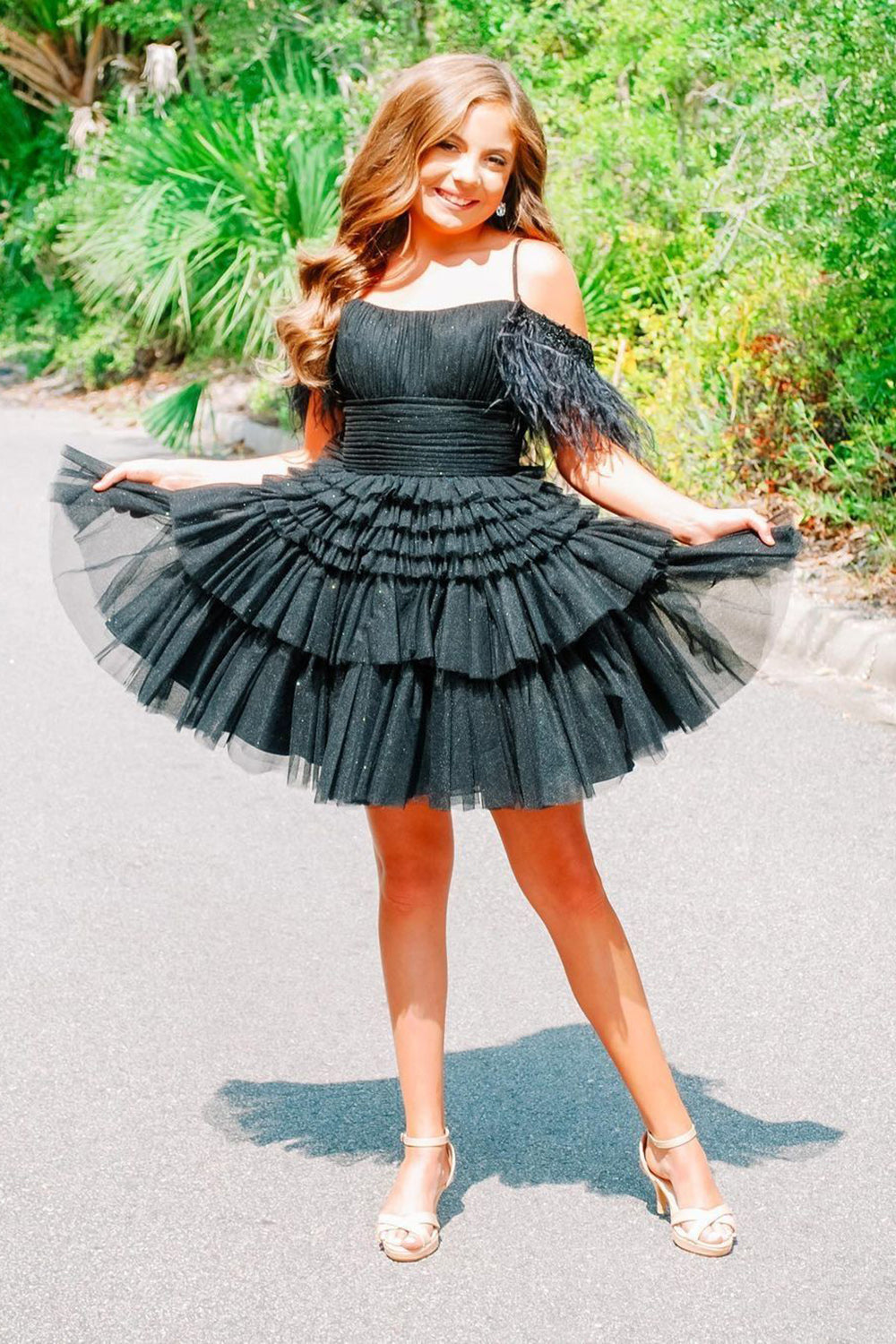 A Line Cute Pink Sparkly Tulle Homecoming Dress with Feathers