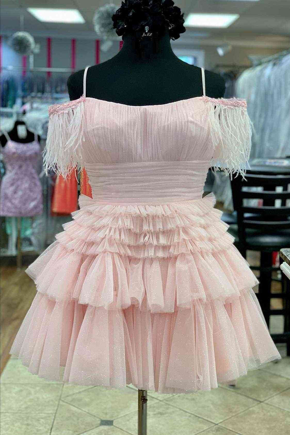 A Line Cute Pink Sparkly Tulle Homecoming Dress with Feathers