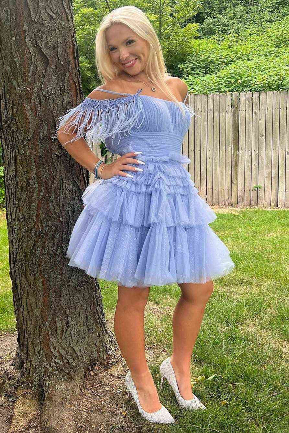 A Line Cute Pink Sparkly Tulle Homecoming Dress with Feathers