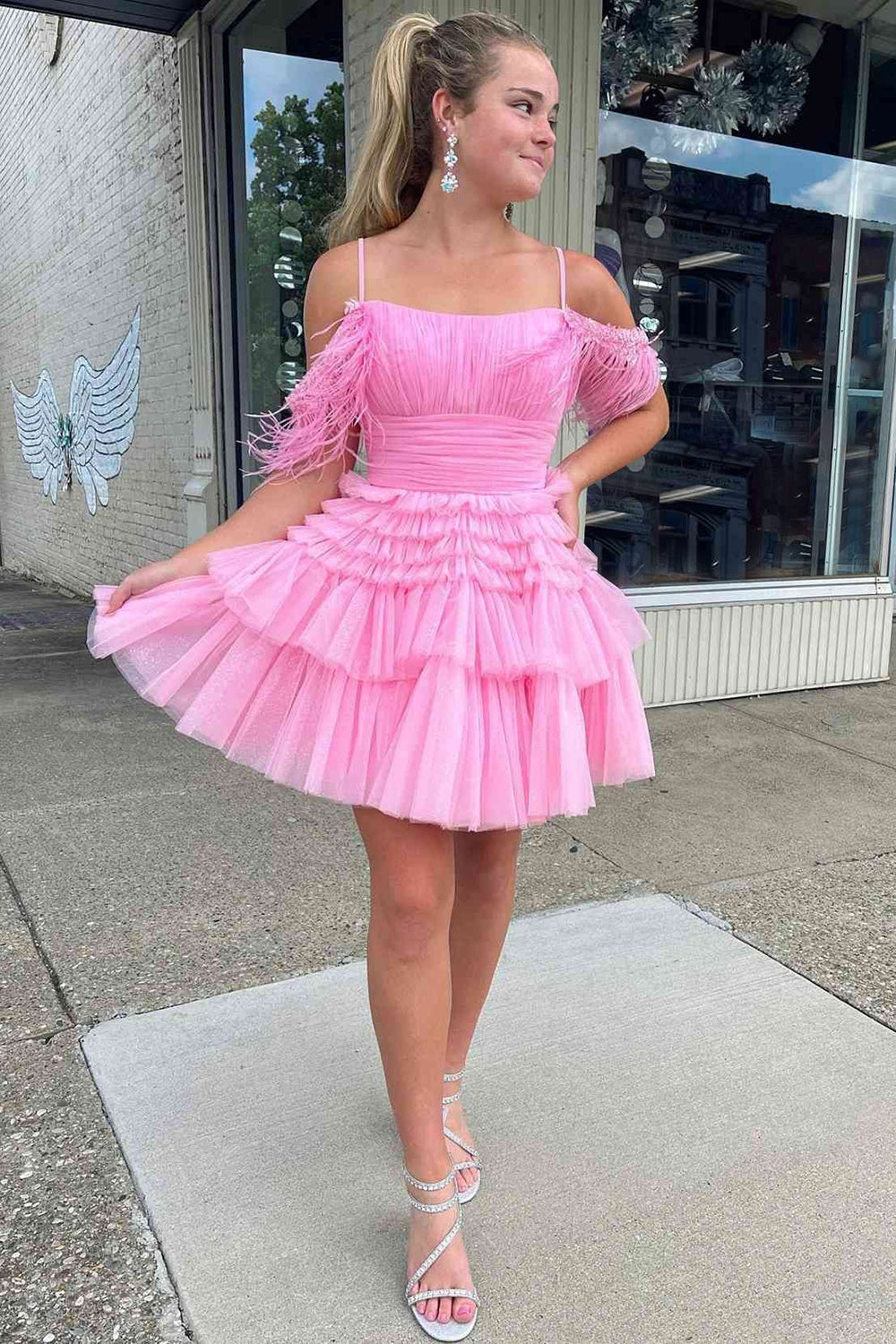 A Line Cute Pink Sparkly Tulle Homecoming Dress with Feathers