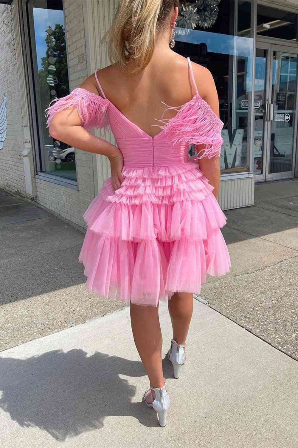 A Line Cute Pink Sparkly Tulle Homecoming Dress with Feathers