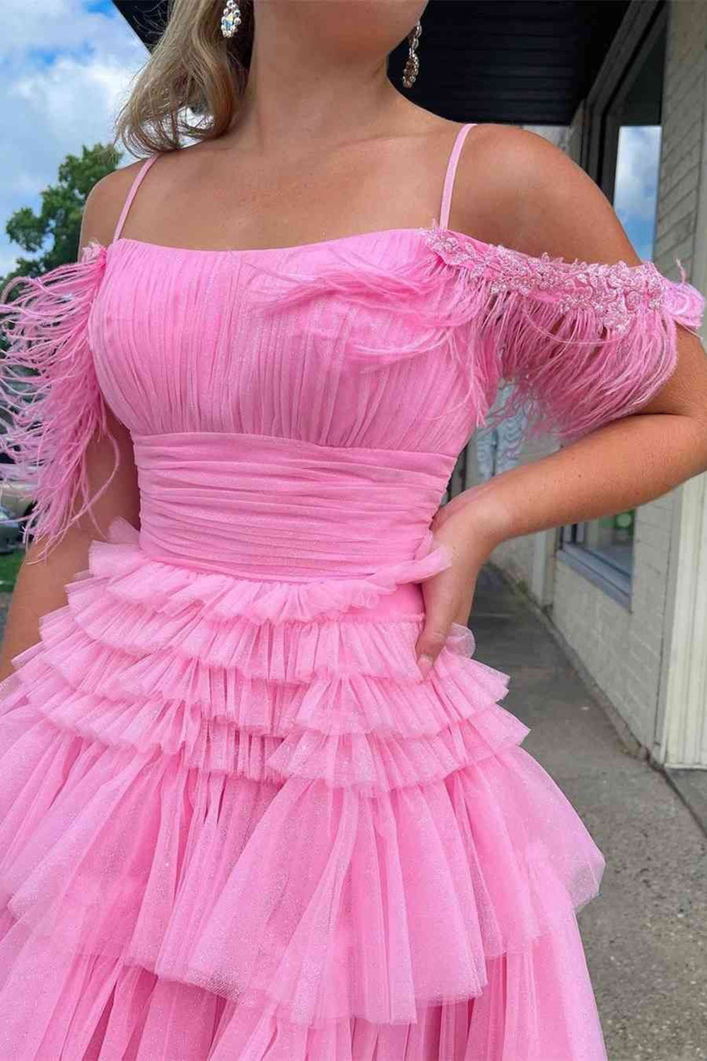 A Line Cute Pink Sparkly Tulle Homecoming Dress with Feathers