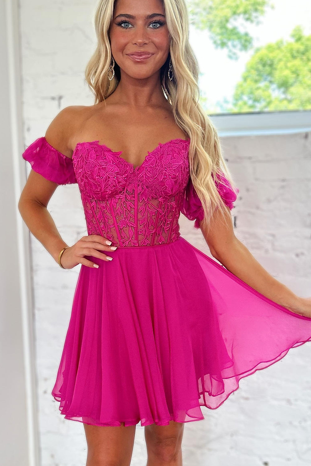 A Line Lace Off the Shoulder Homecoming Dress with Appliques