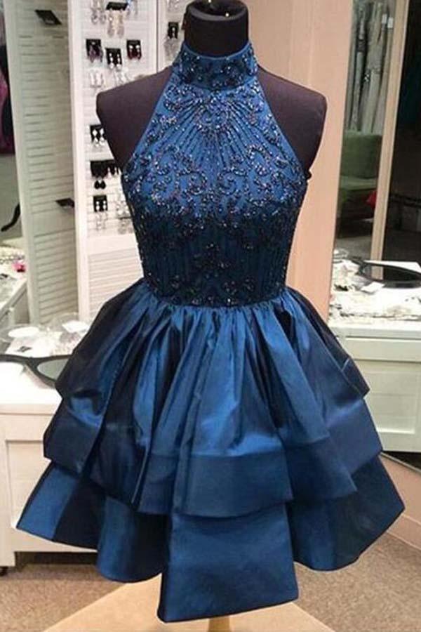 A-Line Beaded Halter Neckline Satin Homecoming Dress Short Prom Dress