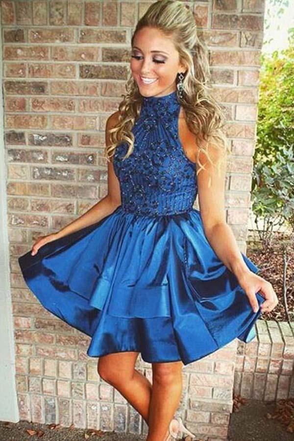 A-Line Beaded Halter Neckline Satin Homecoming Dress Short Prom Dress