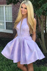 A-Line Crew Above-Knee Lilac Satin Homecoming Dress with Pockets