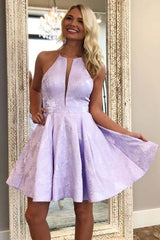 A-Line Crew Above-Knee Lilac Satin Homecoming Dress with Pockets