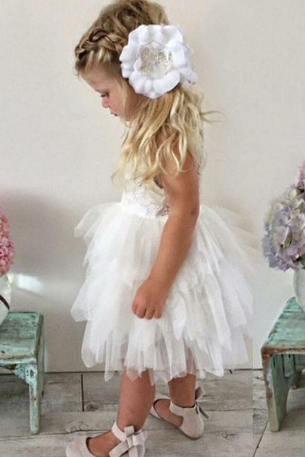 A-Line Flower Girl Dress Crew Neck Knee-Length Tulle with Lace Ruffles