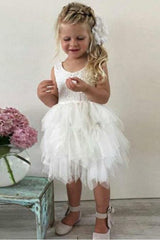 A-Line Flower Girl Dress Crew Neck Knee-Length Tulle with Lace Ruffles