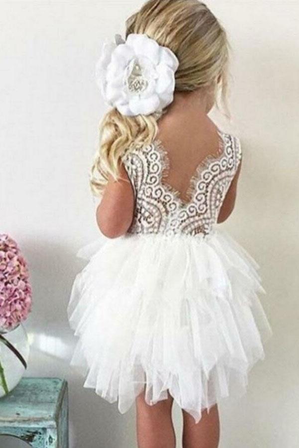 A-Line Flower Girl Dress Crew Neck Knee-Length Tulle with Lace Ruffles