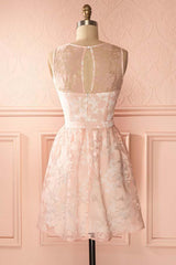 A-Line Crew Open Back Short Pearl Pink Lace Homecoming Dress