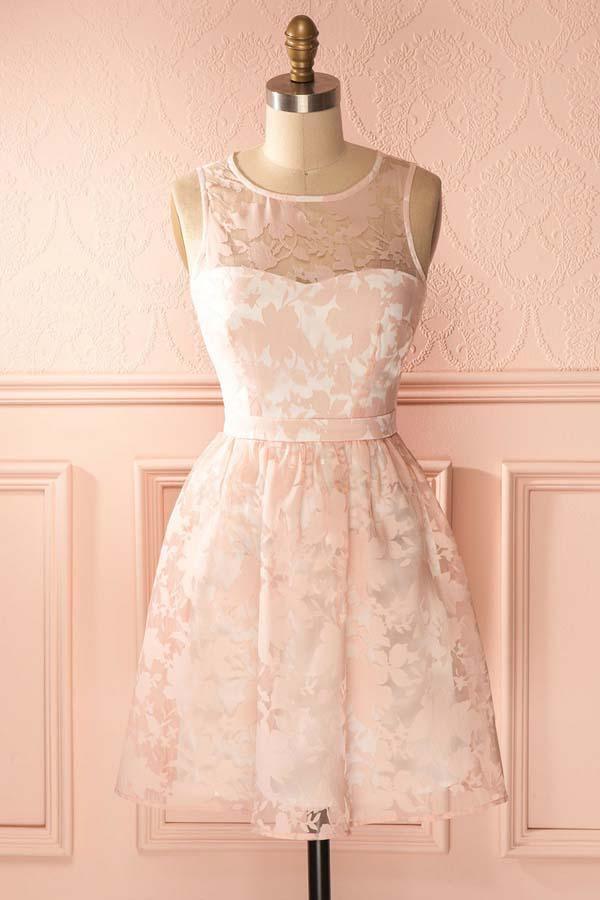 A-Line Crew Open Back Short Pearl Pink Lace Homecoming Dress