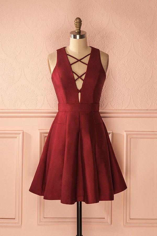 A-Line Deep V-Neck Sleeveless Lace-Up Burgundy Satin Homecoming Dress