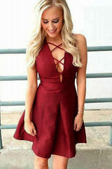 A-Line Deep V-Neck Sleeveless Lace-Up Burgundy Satin Homecoming Dress