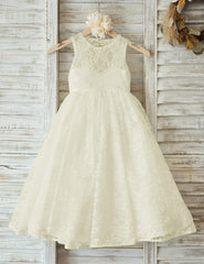 Beige A-Line Flower Girl Dress Floor-Length Open Back Sleeveless Lace