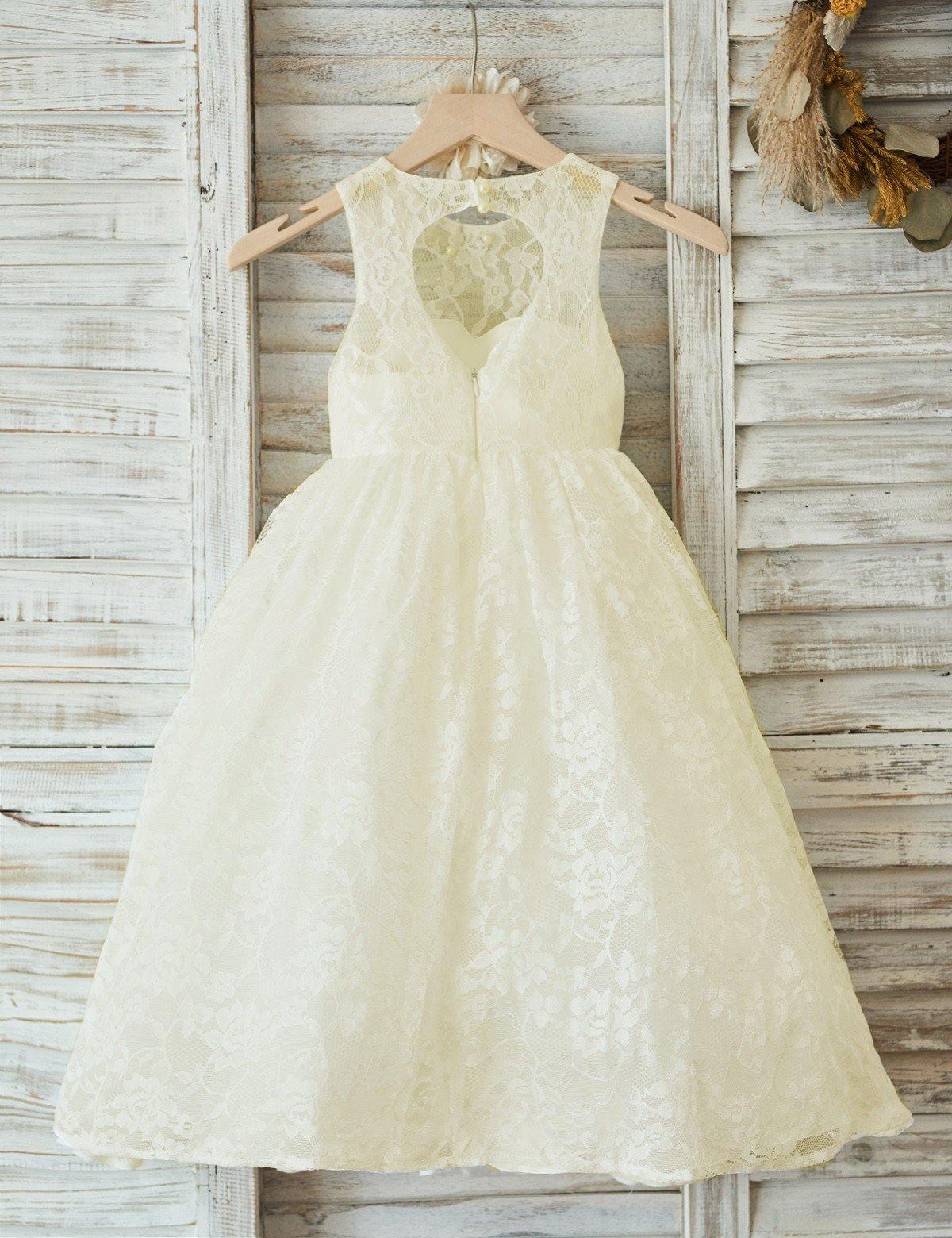 Beige A-Line Flower Girl Dress Floor-Length Open Back Sleeveless Lace