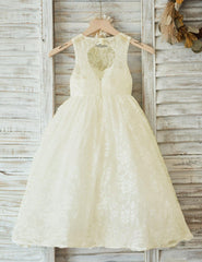 Beige A-Line Flower Girl Dress Floor-Length Open Back Sleeveless Lace