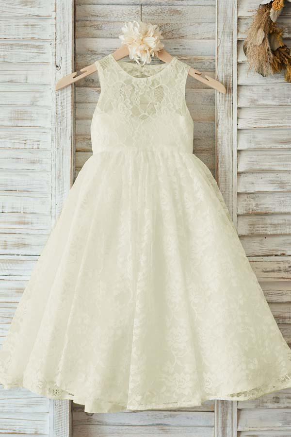 Beige A-Line Flower Girl Dress Floor-Length Open Back Sleeveless Lace