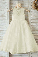 Beige A-Line Flower Girl Dress Floor-Length Open Back Sleeveless Lace