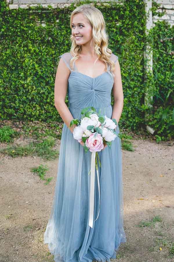 Turquoise A-line Floor-Length Sleeveless Tulle Bridesmaid Dress