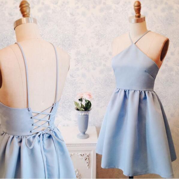 A-Line Halter Above-Knee Lace-Up Blue Stretch Satin Homecoming Dress