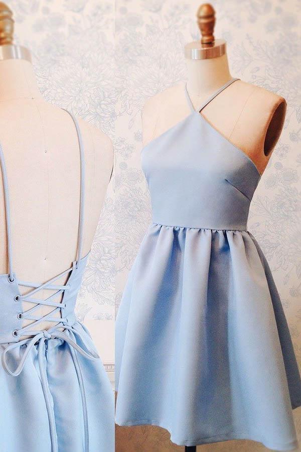 A-Line Halter Above-Knee Lace-Up Blue Stretch Satin Homecoming Dress