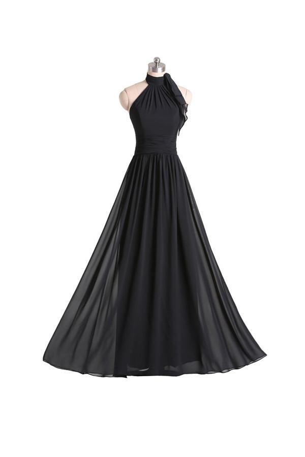 Black Chiffon A-line Halter Floor Length Bridesmaid Dress With Pleats