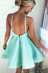 A-Line Halter Short Mint Satin Homecoming Dress with Ruching