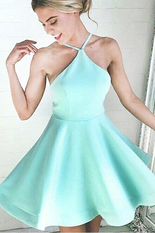 A-Line Halter Short Mint Satin Homecoming Dress with Ruching